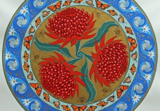 "Triptych Waratah Bouquet" Watercolour Gouache-Sakura and 23ct Gold, 40cm x 40cm by artist Marta Lett. See her portfolio by visiting www.ArtsyShark.com