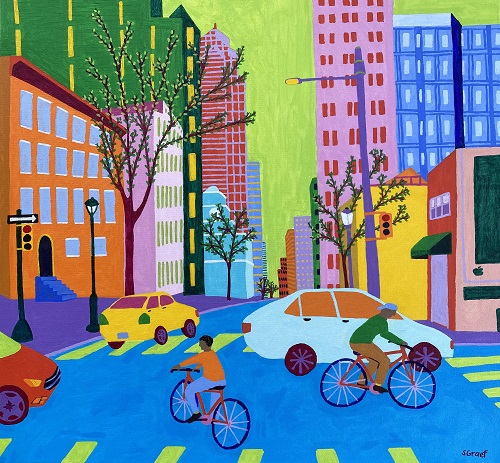 colorful painting of people bicycling in the city