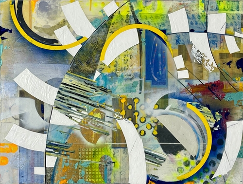 complex mixed media abstract painting about outer space