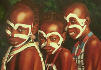 oil painting of three young African boys