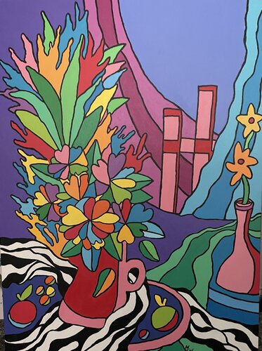 colorful painting of a vase of flowers