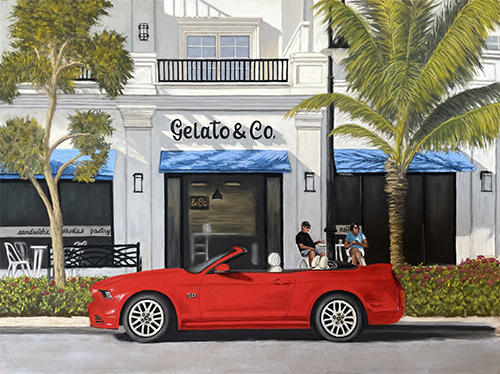 pastel painting of a car parked in front of ice cream shop