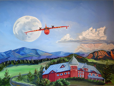 landscape painting of countryside with airplane