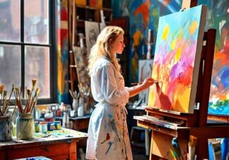 Artist working in her studio