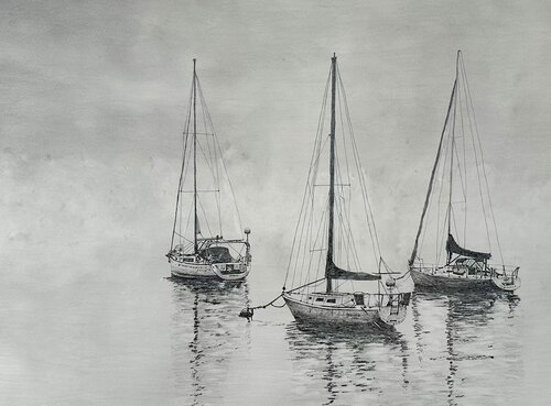 pencil drawing of boats a anchor
