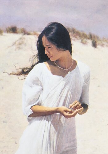 Watercolor portrait of a young woman on a beach