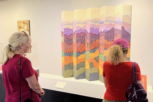 Two women viewing an art collection