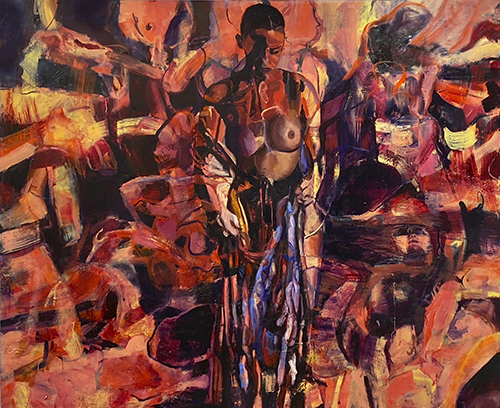 figurative painting of a woman with abstract background
