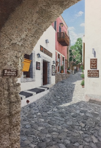 detailed artwork of an archway and urban landscape