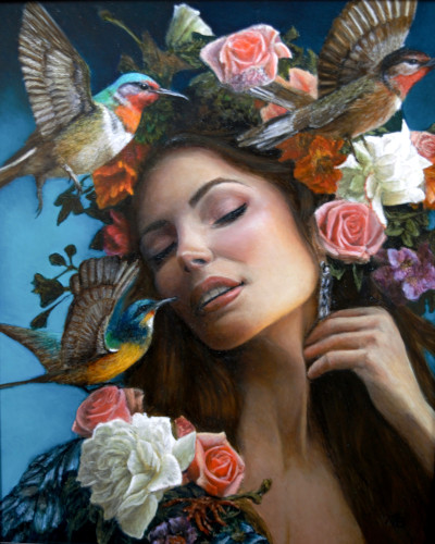 Fantasy portrait of a young woman with birds