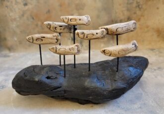 mixed media primitive fish sculpture