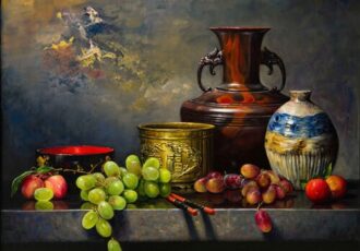 richly painted still life with fruit and vessels