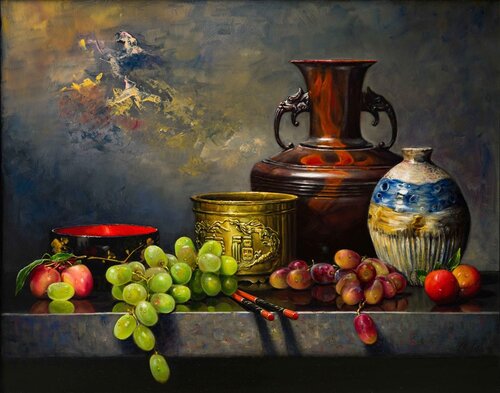 richly painted still life with fruit and vessels