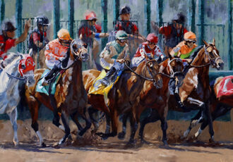 oil painting of a horse race