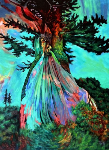 boldly colorful painting of a tree