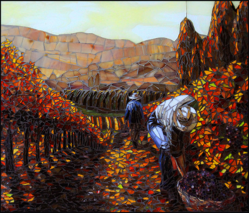 glass mosaic of vineyard workers #vineyard