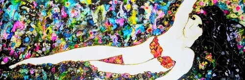 reverse painting figure of a woman laying in a field of flowers