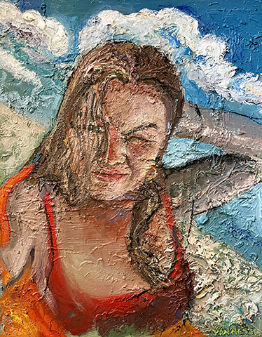 Painting of a young woman at the beach