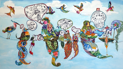 Whimsical painting of birds singing in a tree