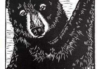 linocut print of a black bear