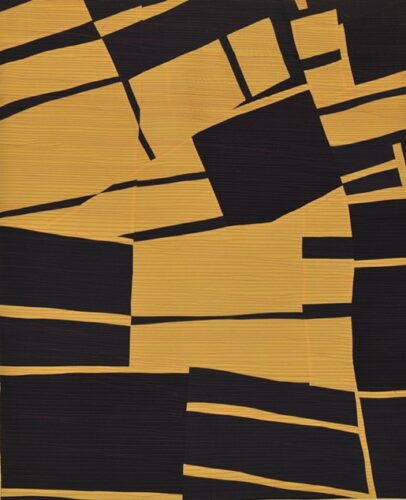 handmade quilt with black and gold geometric design