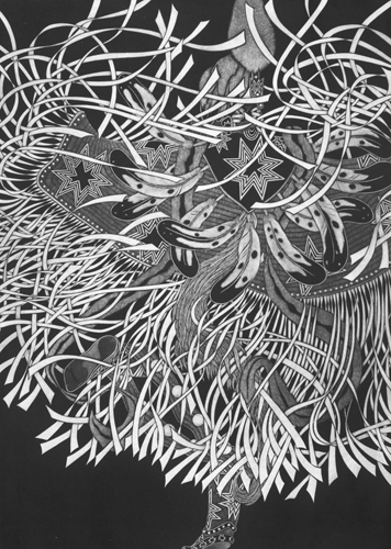 black and white mezzotint, Native American dancer