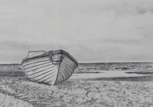 pencil drawing of a boat aground on the beach