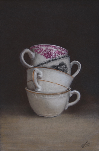 stack of teacups classic still life in pastel