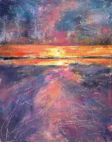 oil painting of a vibrant sunset scene