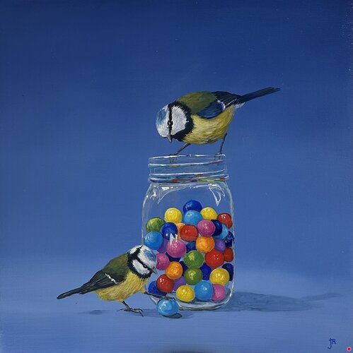 painting of two birds and jar of bubblegum