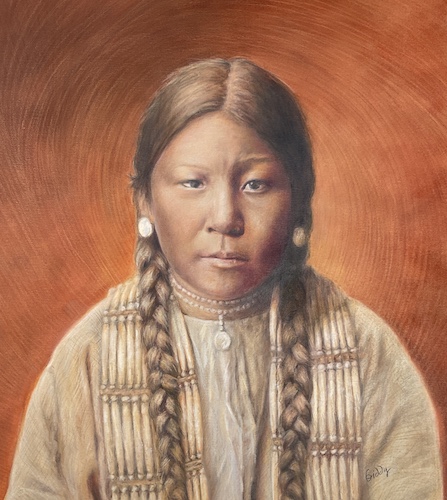 color pencil portrait of a Native American woman with braids