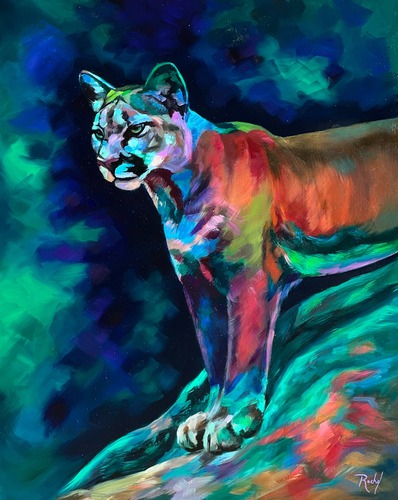 oil painting of a cougar in bright colors