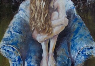 painting of a young girl curled up in a big chair