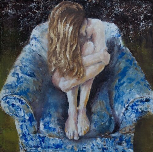 painting of a young girl curled up in a big chair