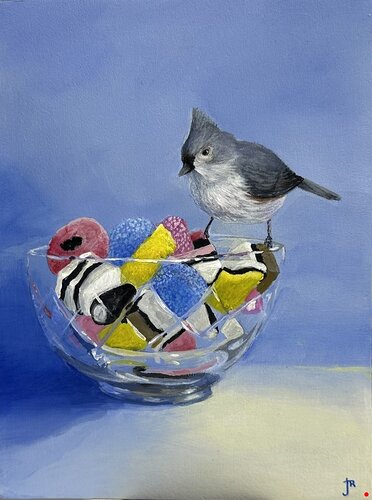 painting of a small bird perched on a bowl of licorice