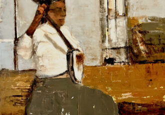 folk art painting of a woman playing a banjo
