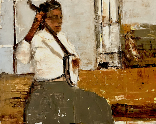 folk art painting of a woman playing a banjo