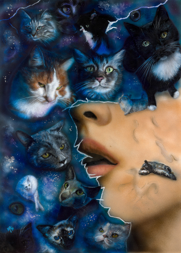surreal painting of a women with cat elements