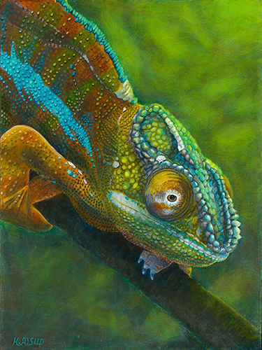 painting of a chameleon on a branch