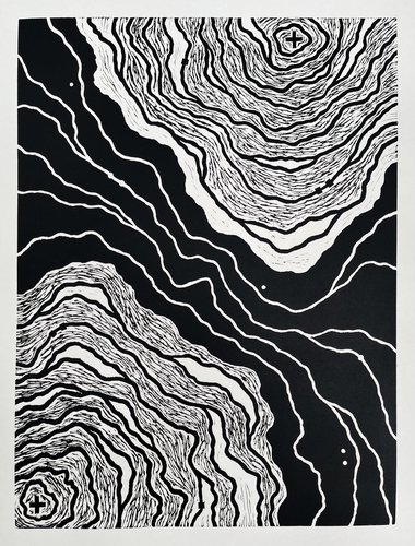 linocut print of a topographical map