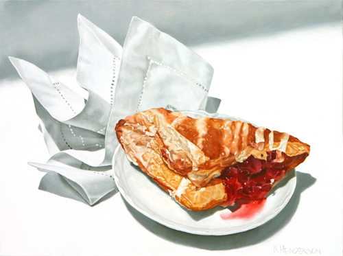 still life painting of flaky cherry turnover