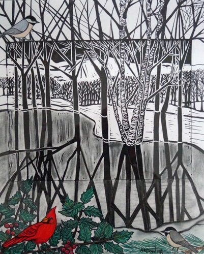black and white mixed media print of woods and pond in winter with a red cardinal by Audrey Kay Dowling