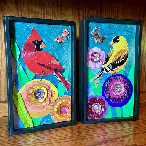 bird themed collages handmade in tin