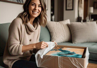 Young woman unpacking a work of art