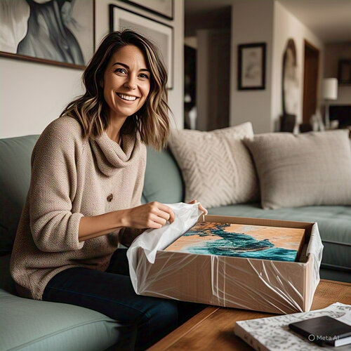Young woman unpacking a work of art