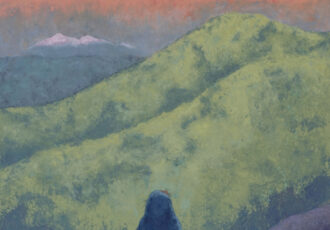 oil and cold wax painting of a person in the mountains