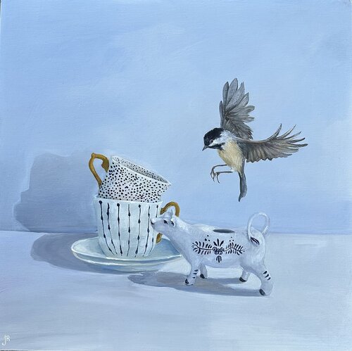 painting of a bird and teacups