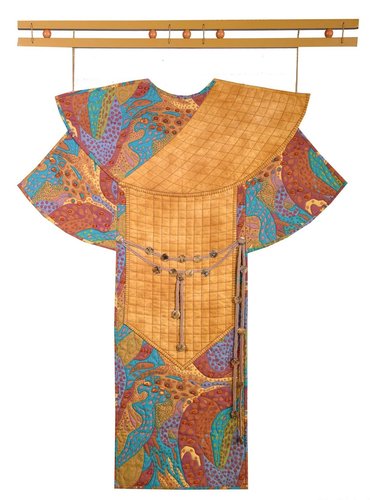 Blue and coral embroidered fiber and mixed media kimono wall hanging by Sandra Sciarrotta