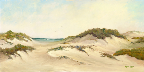 oil painting of a beach scene with sand dunes