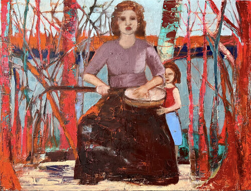 folk art painting of a woman with her banjo